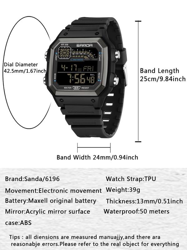 Men's Fashion Digital Watch, Casual Sporty Digital Watch with Luminous Dial & Alarm Clock Countdown Function, Waterproof LED Digital Wristwatch with Box