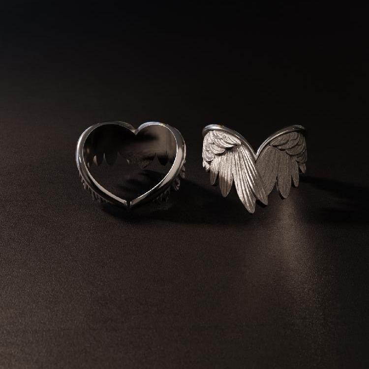 Creative Angel Wings Index Finger Ring Personalized Trendy Opening Adjustable Ring with Neutral Style Drawn Feather Ring