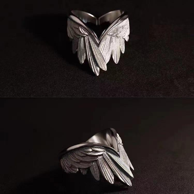 Creative Angel Wings Index Finger Ring Personalized Trendy Opening Adjustable Ring with Neutral Style Drawn Feather Ring