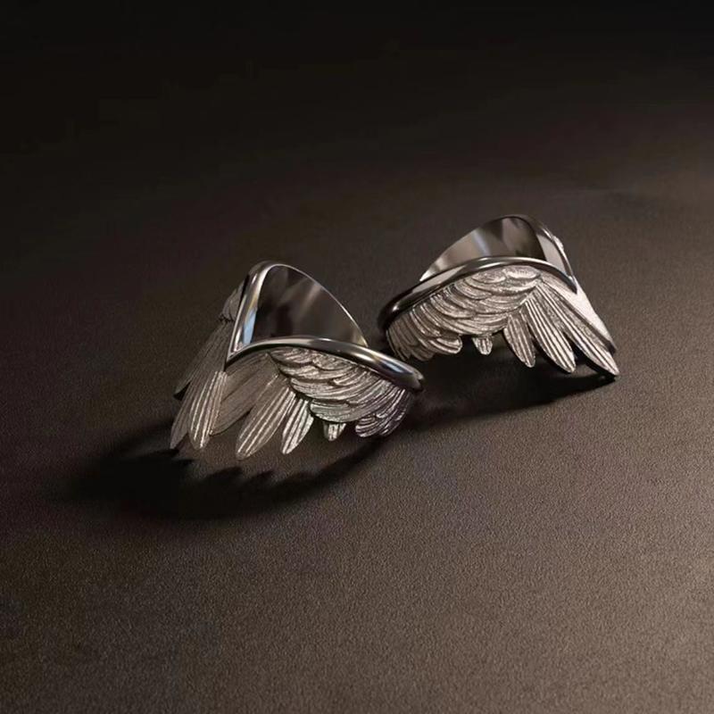 Creative Angel Wings Index Finger Ring Personalized Trendy Opening Adjustable Ring with Neutral Style Drawn Feather Ring