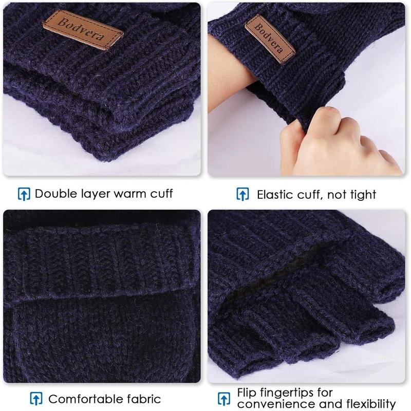 Thermal Insulation Fingerless Texting Gloves for Women and Men Winter Warm Knitted Convertible Mittens Flap