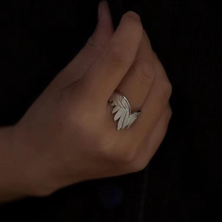 Creative Angel Wings Index Finger Ring Personalized Trendy Opening Adjustable Ring with Neutral Style Drawn Feather Ring