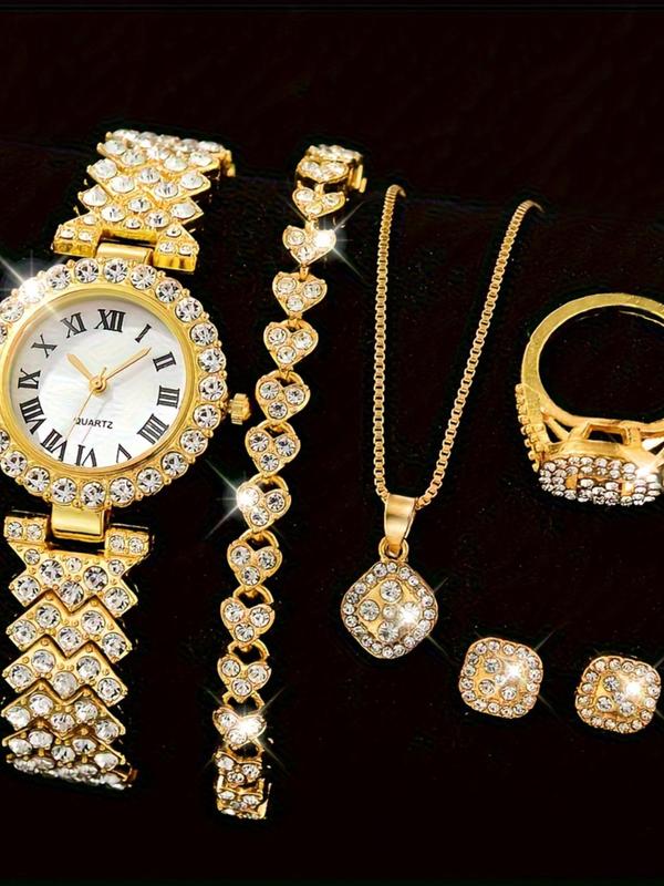 Women's Elegant Rhinestone Decorated Watch & Jewelry Set, Including Round Dial Watch & Bracelet & Pendant Necklace & Ring & Stud Earrings, Fashion Watch Set for Party, Daily Decor, without Box