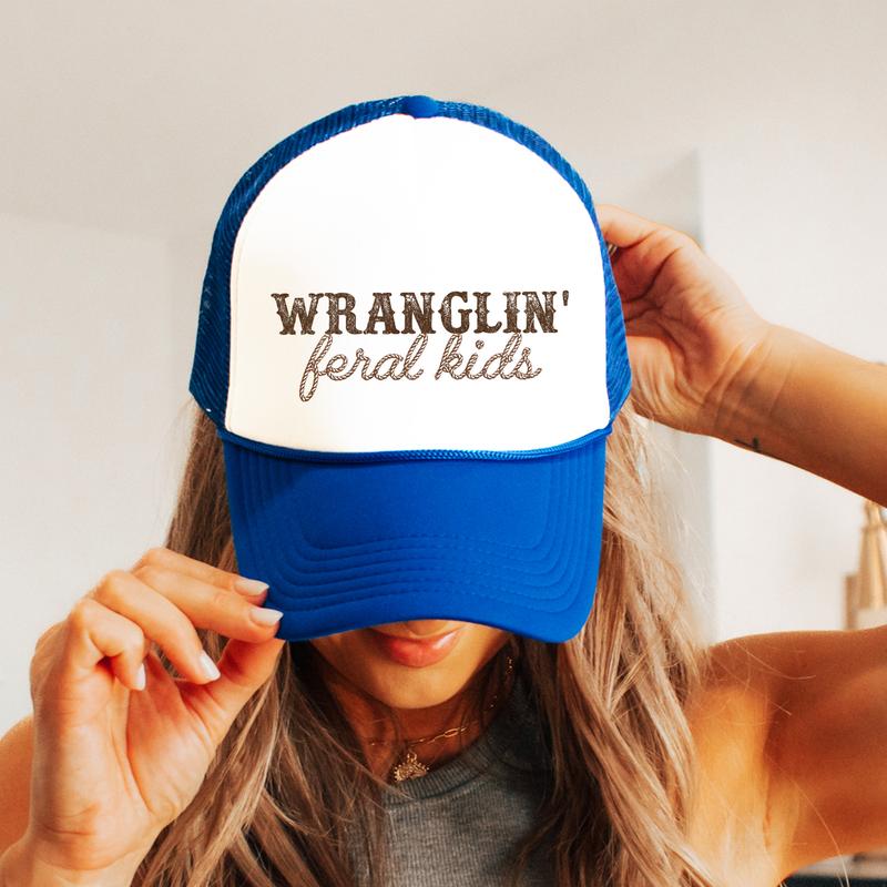 Wranglin' Feral Kids Trucker Hat for Women and Men - Funny Adjustable Cap for Mom - Western Style Snapback for Dad - Gift for Teacher