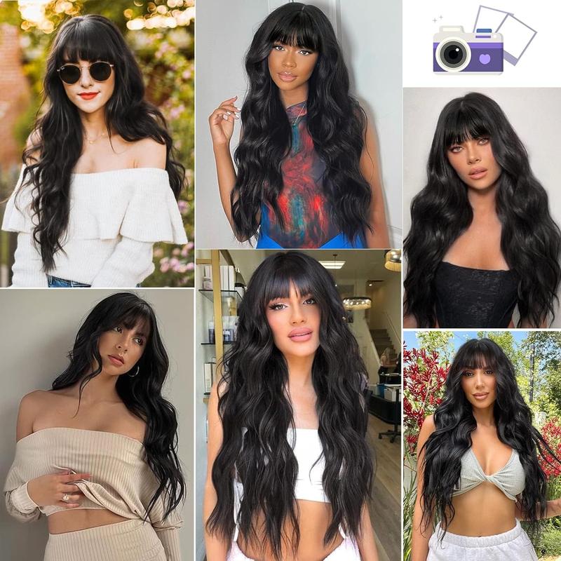 30 inch Black Wigs with Bangs,Black Long Wavy Wig for Women,Black Long Curly Synthetic Hair Wig for Party Daily Use