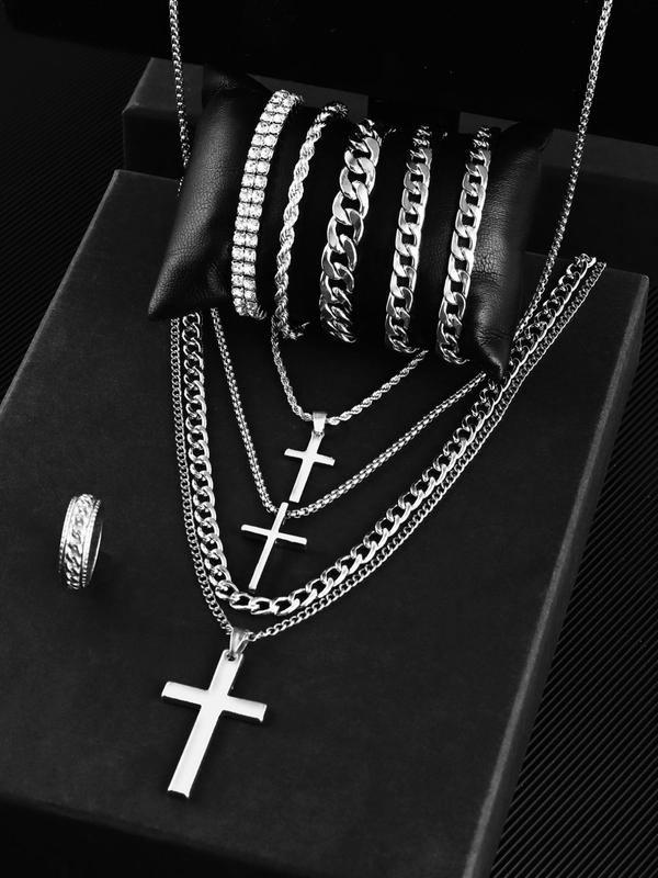 Men's Street Trend Cross Pendant & Cuban Chain Necklace, Rhinestone Decorated Chain Bracelet & Ring, Fashionable Jewelry Set As Gift without Box