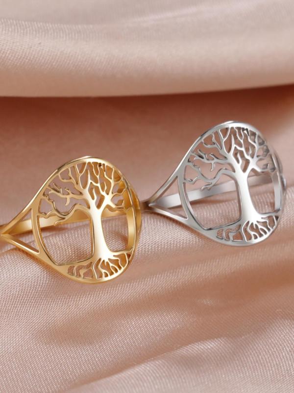 Hollow Out Tree Of Life Design Stainless Steel Ring, New Couple Rings, Fashion Jewelry for Party, Daily Clothing Decor, Trendy All-match & Exquisite Jewelry for Birthday Gift