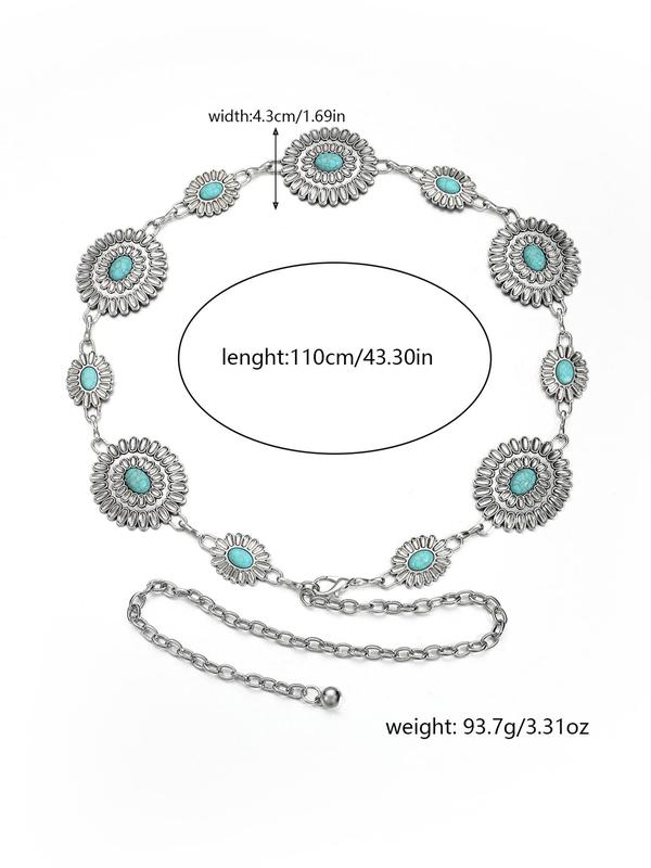 Women's Fashion Flower & Turquoise Texture Decorated Chain Belt, Casual Waistband for Daily Wear, Fashion Belt for Party, Daily Clothing Decor, Trendy All-match & Exquisite Belt for Gift