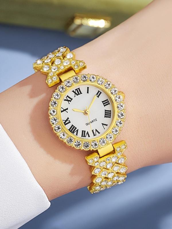 Women's Elegant Rhinestone Decorated Watch & Jewelry Set, Including Round Dial Watch & Bracelet & Pendant Necklace & Ring & Stud Earrings, Fashion Watch Set for Party, Daily Decor, without Box