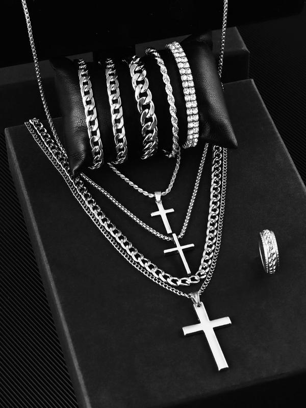 Men's Street Trend Cross Pendant & Cuban Chain Necklace, Rhinestone Decorated Chain Bracelet & Ring, Fashionable Jewelry Set As Gift without Box