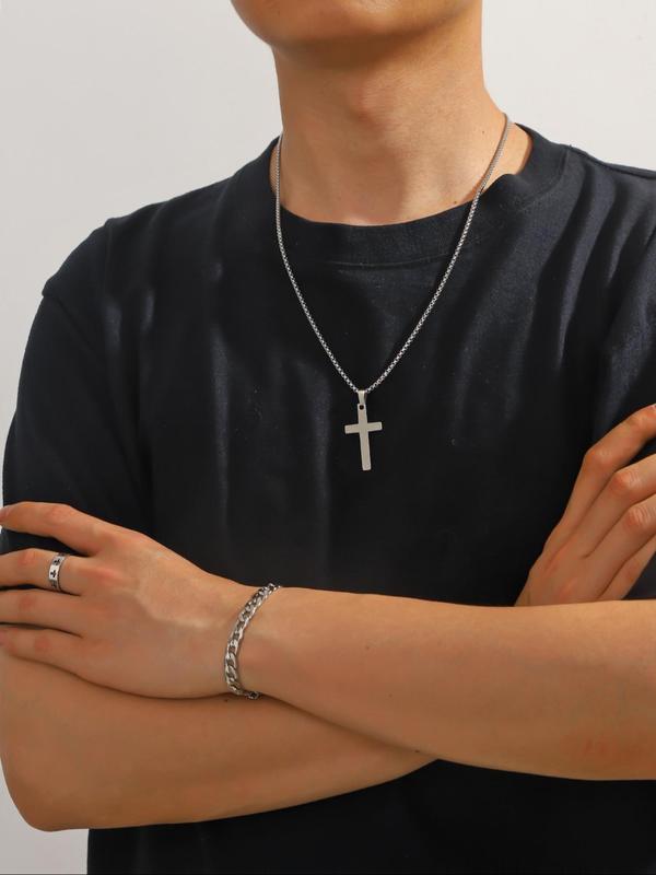 Punk Style Stainless Steel Cross Pendant Necklace & Bracelet & Link Bracelet, for Men & Women for Party, Daily Clothing Decor, Trendy All-match & Exquisite Jewelry for Gift