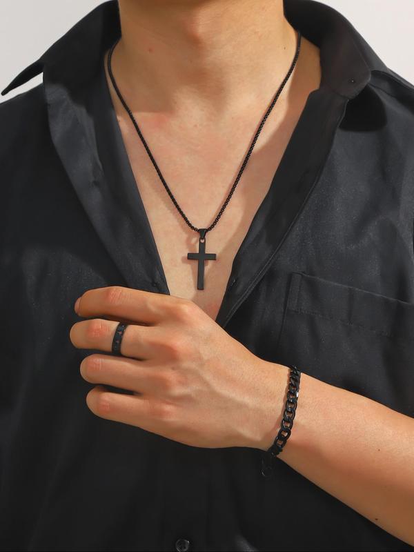 Punk Style Stainless Steel Cross Pendant Necklace & Bracelet & Link Bracelet, for Men & Women for Party, Daily Clothing Decor, Trendy All-match & Exquisite Jewelry for Gift