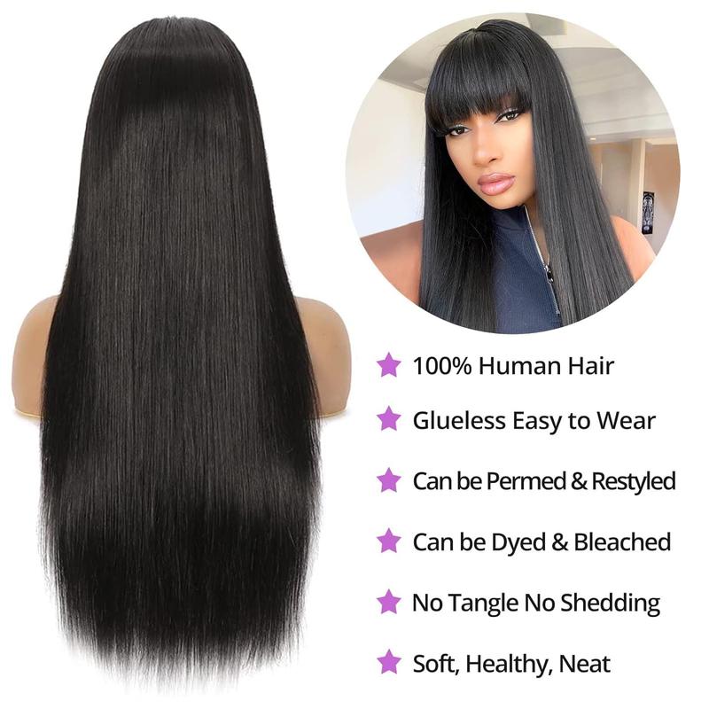 26 Inch Straight Human Hair Wigs With Bangs For Women Human Hair Full Machine Made Wig Glueless Wear And Go Wig Easy To Install No Lace Wig