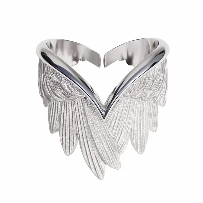 Creative Angel Wings Index Finger Ring Personalized Trendy Opening Adjustable Ring with Neutral Style Drawn Feather Ring