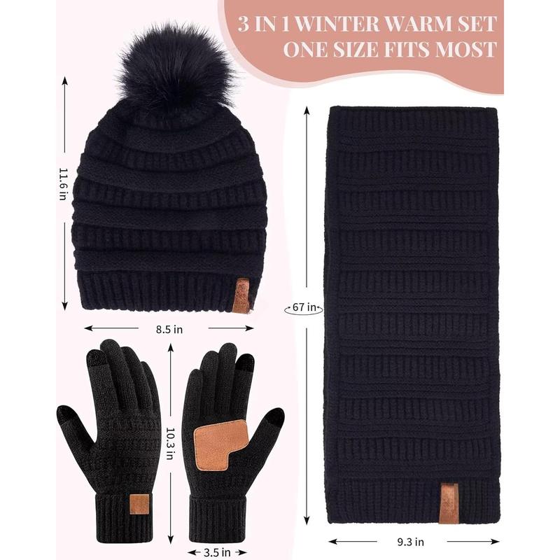 Womens Winter Beanie Scarf Gloves Set, Pom Pom Hat with Warm Fleece Lined Long Knit Scarf Touchscreen Gloves for Cold Weather