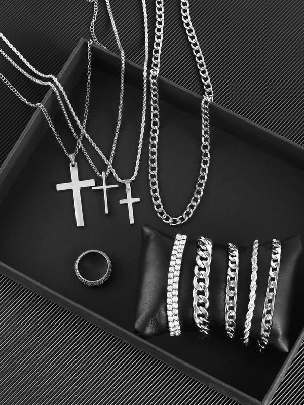 Men's Street Trend Cross Pendant & Cuban Chain Necklace, Rhinestone Decorated Chain Bracelet & Ring, Fashionable Jewelry Set As Gift without Box