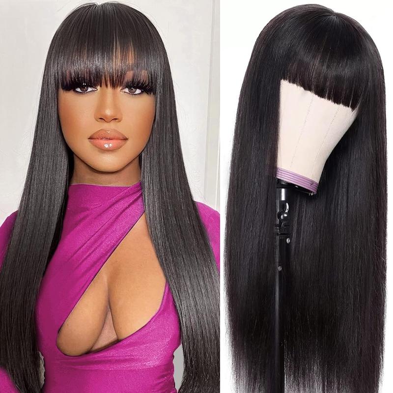 26 Inch Straight Human Hair Wigs With Bangs For Women Human Hair Full Machine Made Wig Glueless Wear And Go Wig Easy To Install No Lace Wig