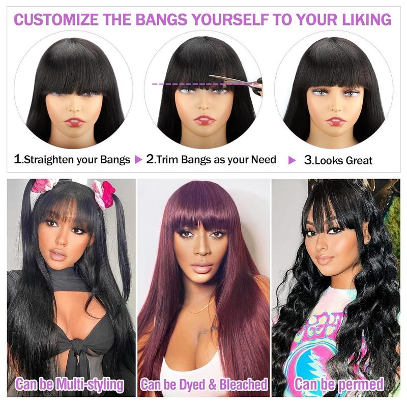 26 Inch Straight Human Hair Wigs With Bangs For Women Human Hair Full Machine Made Wig Glueless Wear And Go Wig Easy To Install No Lace Wig