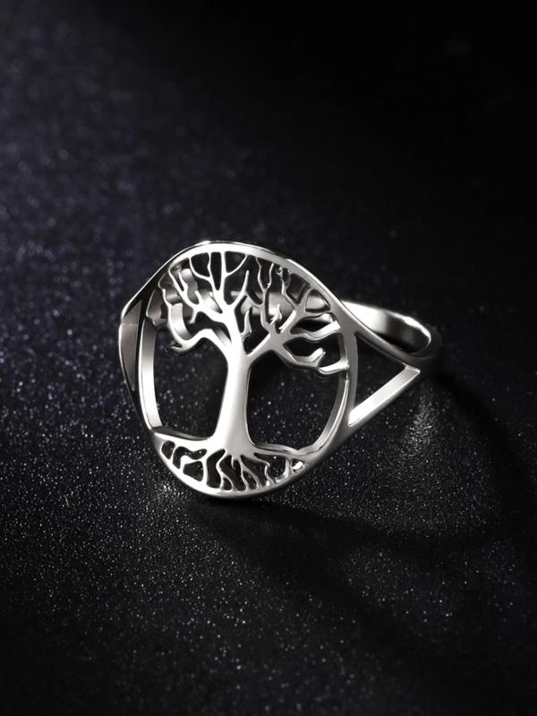 Hollow Out Tree Of Life Design Stainless Steel Ring, New Couple Rings, Fashion Jewelry for Party, Daily Clothing Decor, Trendy All-match & Exquisite Jewelry for Birthday Gift