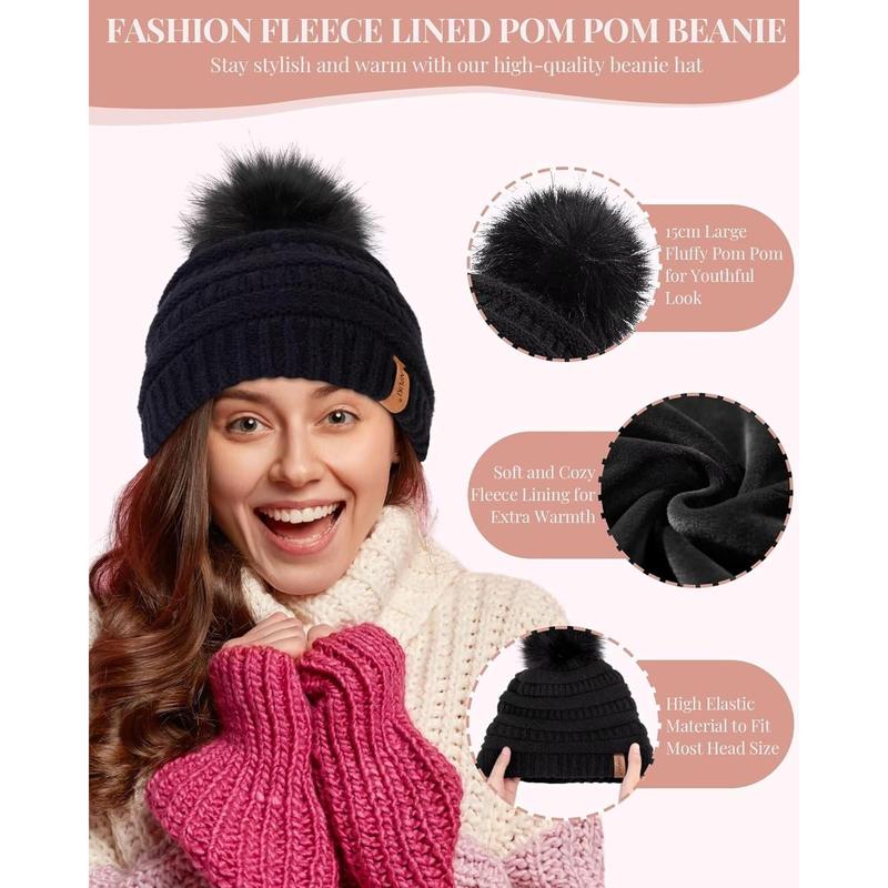 Womens Winter Beanie Scarf Gloves Set, Pom Pom Hat with Warm Fleece Lined Long Knit Scarf Touchscreen Gloves for Cold Weather