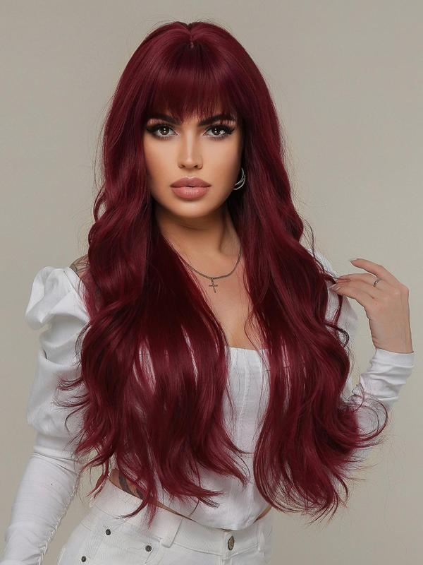 30 Inch Long Curly Wine Red Wigs for Women, Gorgeous Fluffy Wigs with Bangs, Synthetic Full Machine Wigs for Daily or Cosplay Use