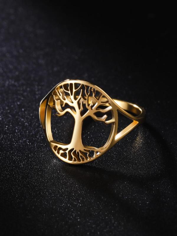 Hollow Out Tree Of Life Design Stainless Steel Ring, New Couple Rings, Fashion Jewelry for Party, Daily Clothing Decor, Trendy All-match & Exquisite Jewelry for Birthday Gift