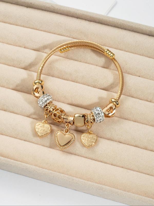 Cute Hollow out Heart Charm Bangle, Rhinestone Decor Stainless Steel Bracelet, Fashion Jewelry for Party, Daily Clothing Decor, Trendy All-match & Exquisite Jewelry for Birthday Gift