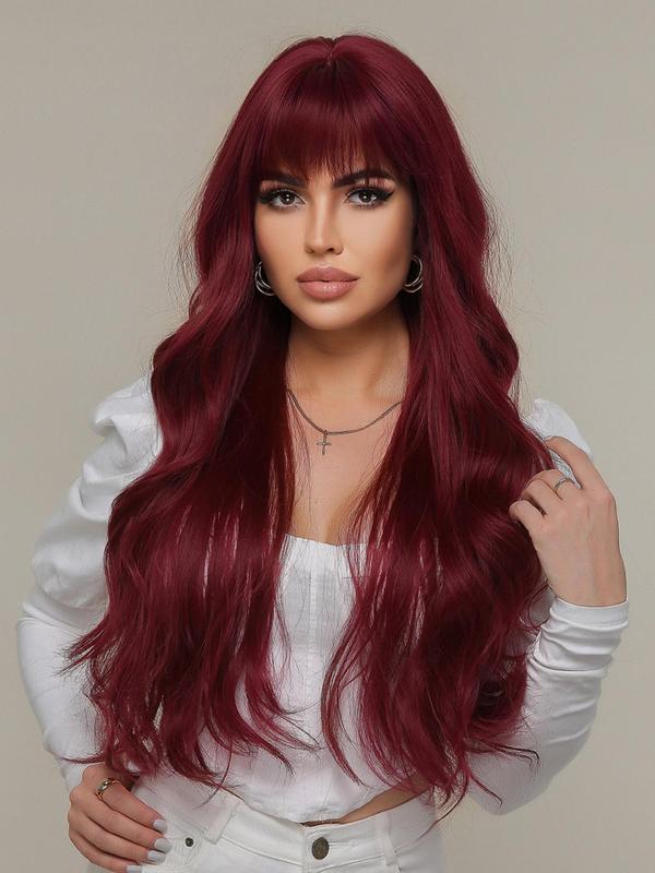 30 Inch Long Curly Wine Red Wigs for Women, Gorgeous Fluffy Wigs with Bangs, Synthetic Full Machine Wigs for Daily or Cosplay Use