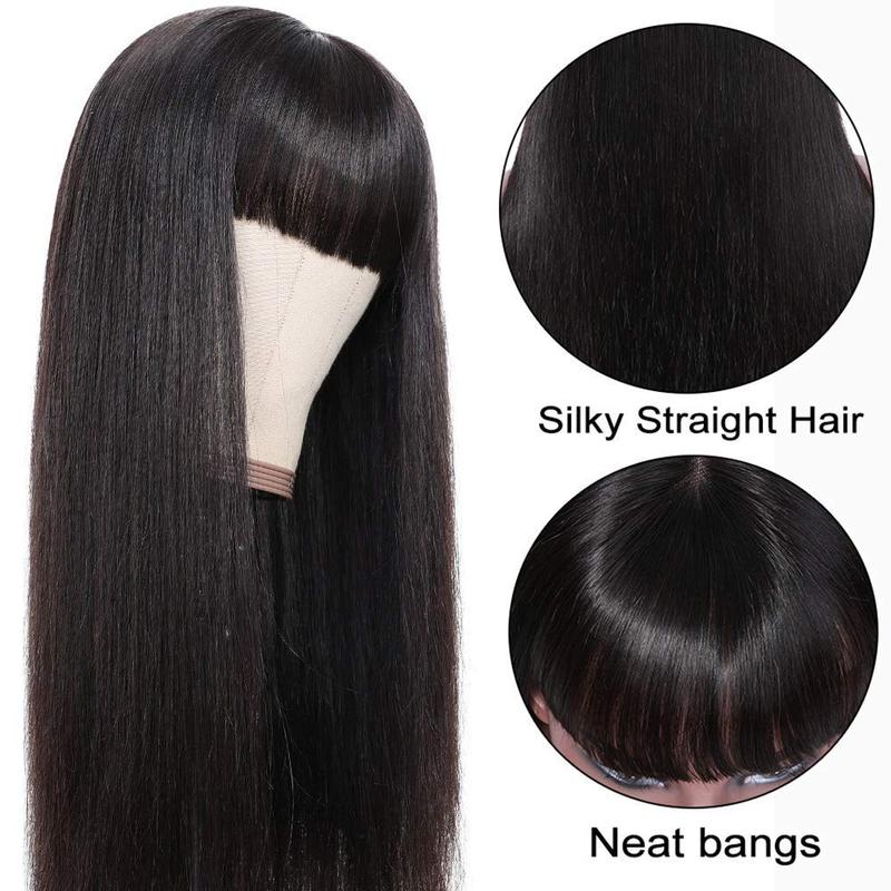 26 Inch Straight Human Hair Wigs With Bangs For Women Human Hair Full Machine Made Wig Glueless Wear And Go Wig Easy To Install No Lace Wig