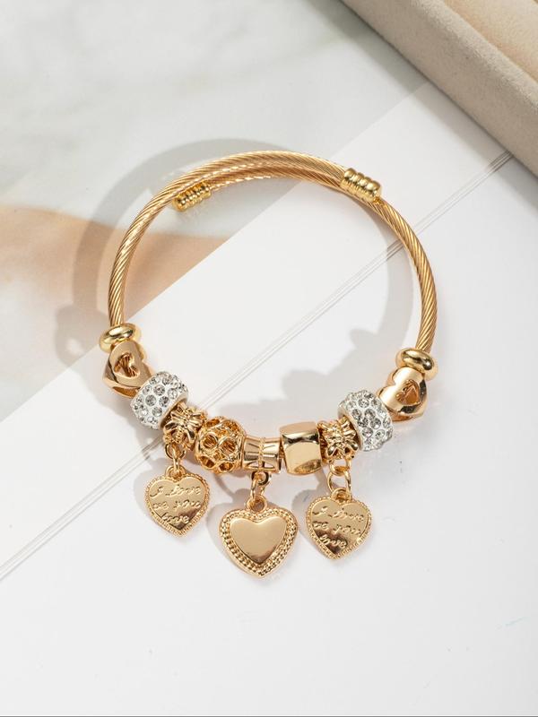 Cute Hollow out Heart Charm Bangle, Rhinestone Decor Stainless Steel Bracelet, Fashion Jewelry for Party, Daily Clothing Decor, Trendy All-match & Exquisite Jewelry for Birthday Gift