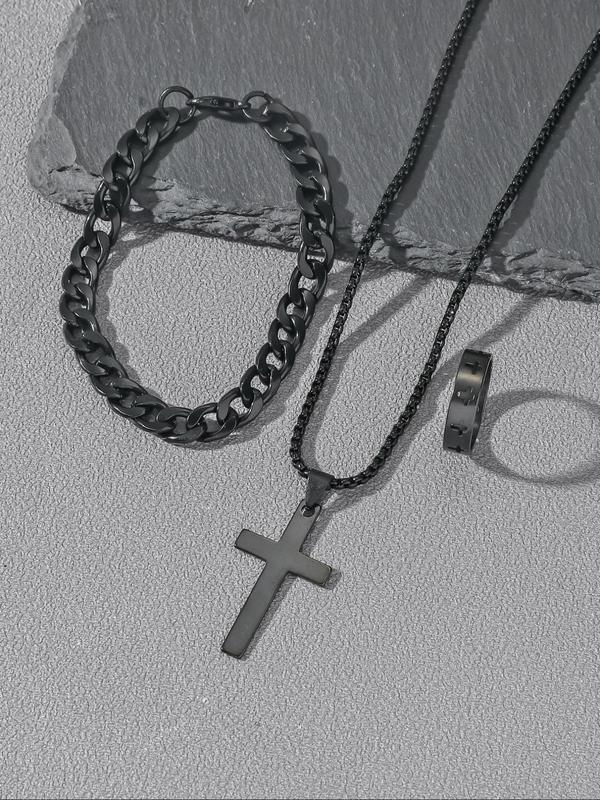 Punk Style Stainless Steel Cross Pendant Necklace & Bracelet & Link Bracelet, for Men & Women for Party, Daily Clothing Decor, Trendy All-match & Exquisite Jewelry for Gift