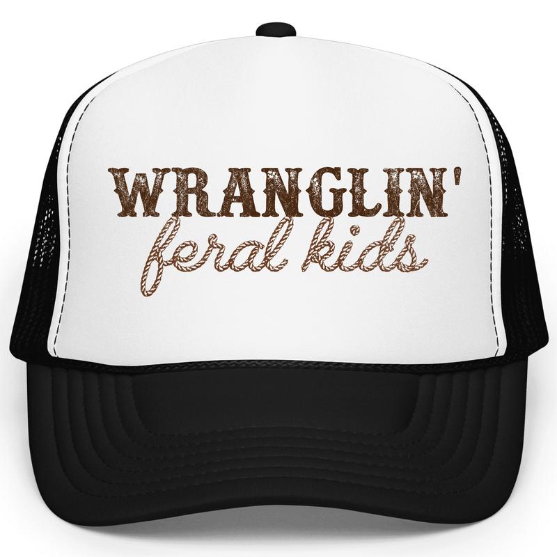 Wranglin' Feral Kids Trucker Hat for Women and Men - Funny Adjustable Cap for Mom - Western Style Snapback for Dad - Gift for Teacher