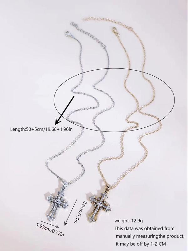 Rhinestone Cross Pendant Necklace (2pcs), Retro Personality Accessories for Both Men & Women, Vintage Jewelry for Party, Daily Clothing Decor for Birthday Gift