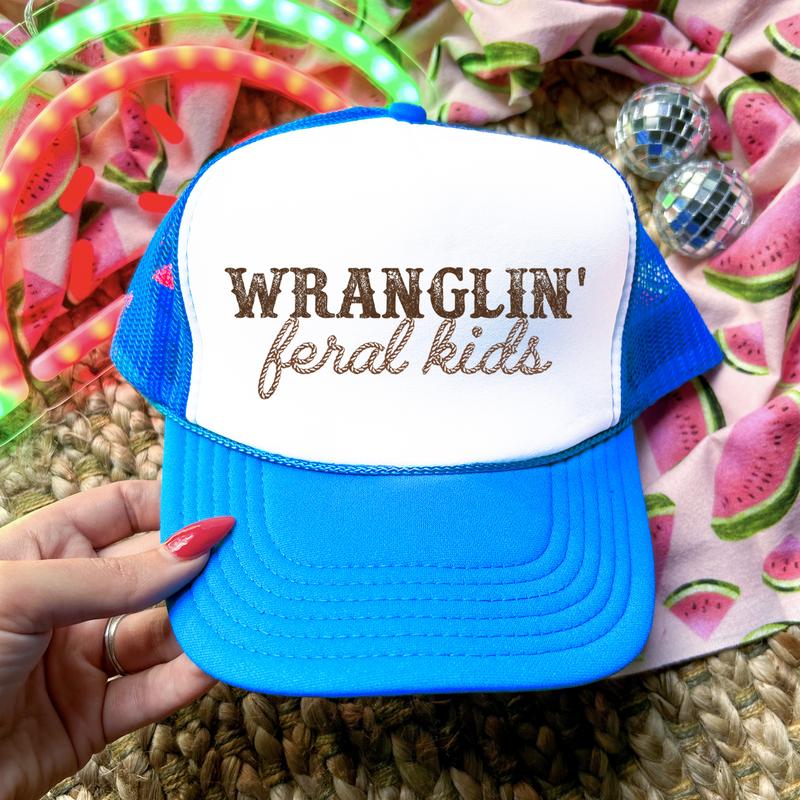 Wranglin' Feral Kids Trucker Hat for Women and Men - Funny Adjustable Cap for Mom - Western Style Snapback for Dad - Gift for Teacher