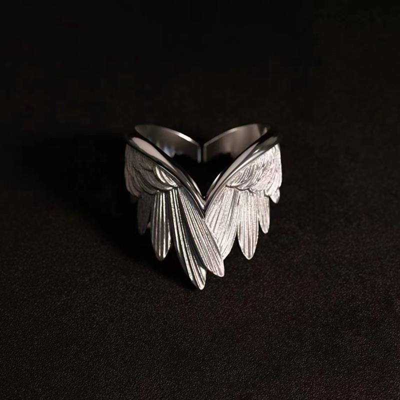 Creative Angel Wings Index Finger Ring Personalized Trendy Opening Adjustable Ring with Neutral Style Drawn Feather Ring