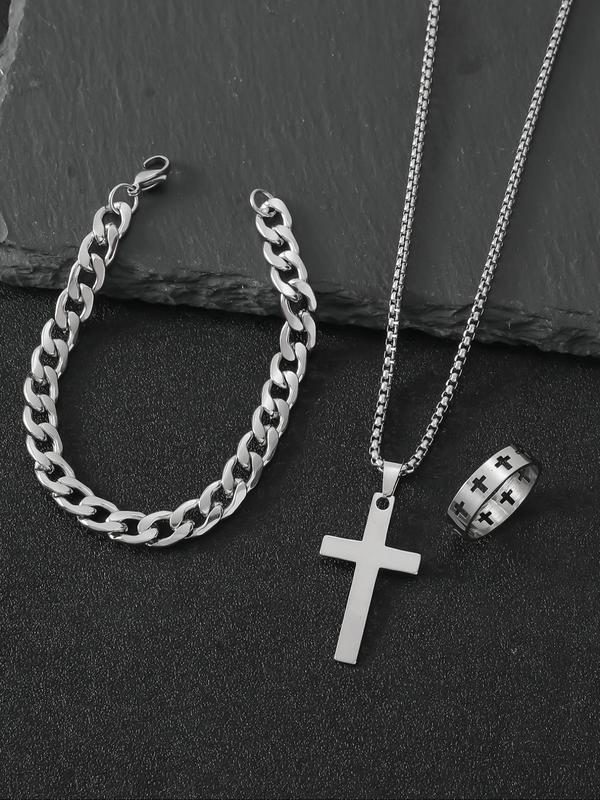 Punk Style Stainless Steel Cross Pendant Necklace & Bracelet & Link Bracelet, for Men & Women for Party, Daily Clothing Decor, Trendy All-match & Exquisite Jewelry for Gift