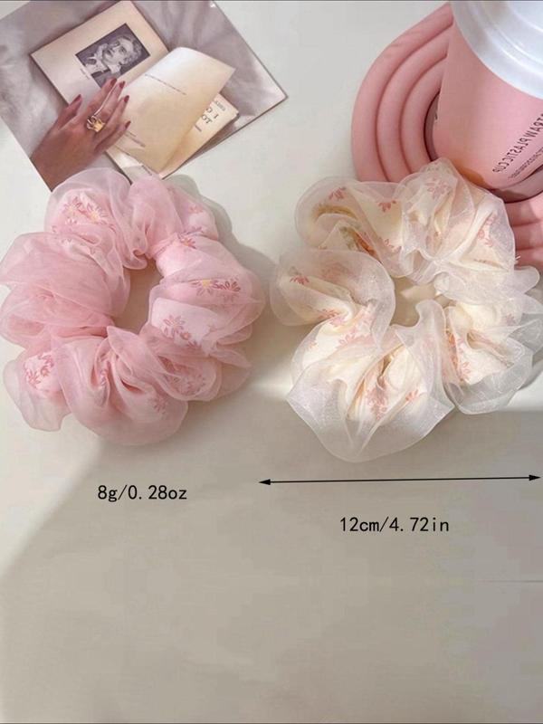 Women's Elegant Ruched Flower Design Hair Tie Set, Trendy Cute Contrast Mesh Scrunchie, Chic All-match Hair Accessories for Hairstyle Decor