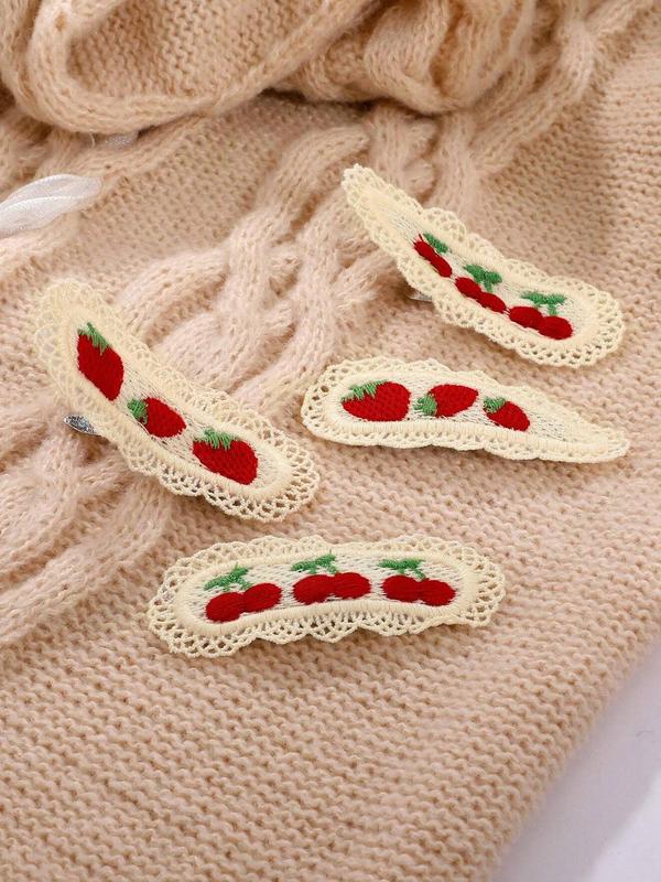 Temperament Cherry & Strawberry Pattern Hair Clip (4pcs set), Cute Lovely Hair Accessories for Women & Girls, Fashion Hair Accessories for Daily Wear