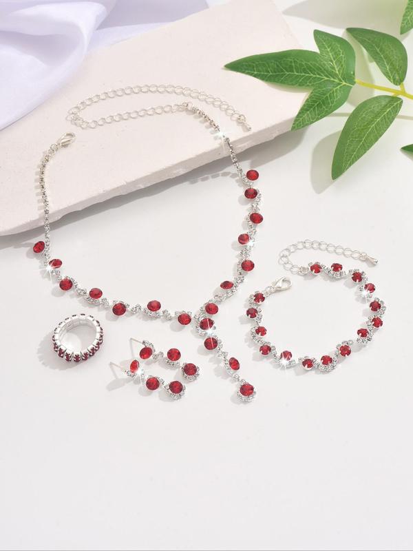 Women's Elegant Rhinestone Decorated Jewelry Set, Exquisite Trendy Pendant Necklace & Ring & Bracelet & Dangle Earrings, Chic Jewelry Set for Party Decoration