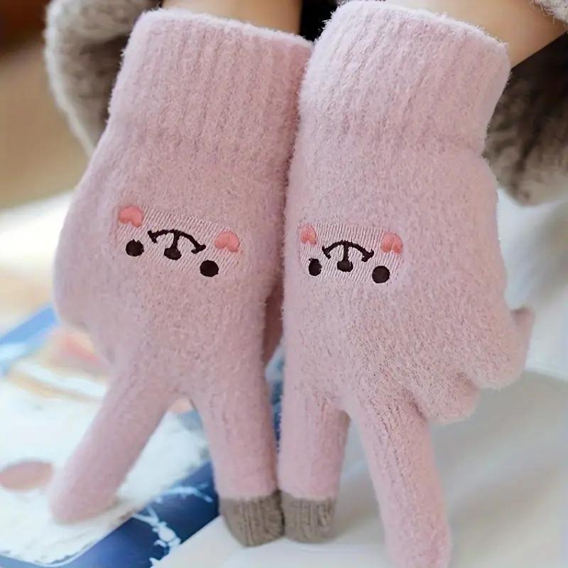 Cute Bear Design Winter Warm Gloves, 1 Pair Soft Comfortable Touch Screen Gloves, Outdoor Sports Gloves for Women & Girls