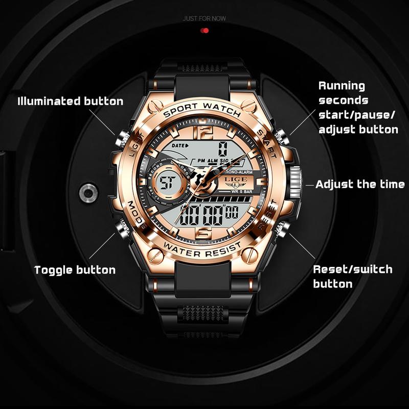 LIGE Men's Sport Watch – 50M Water-Resistant, Date and Time Display, Luminous sport digital  Watch