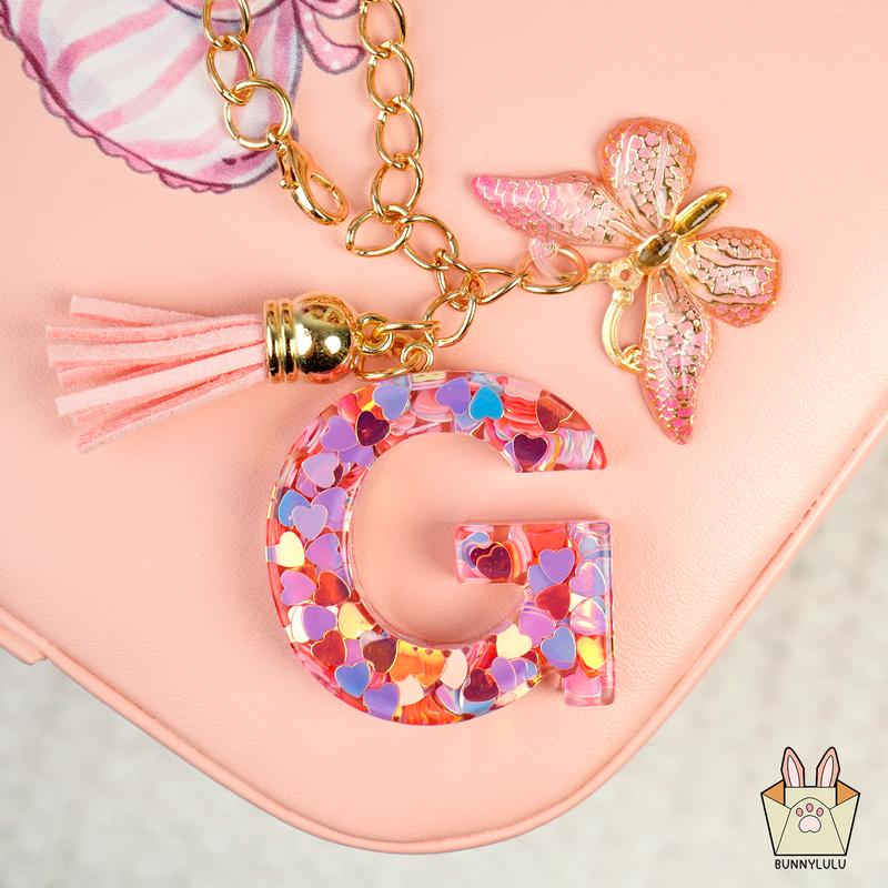 Personalized Initial Letter Resin Keychains with Tassles, Glittering Holiday Birthday Christmas Friendship Gift, Bags Fashion Accessories