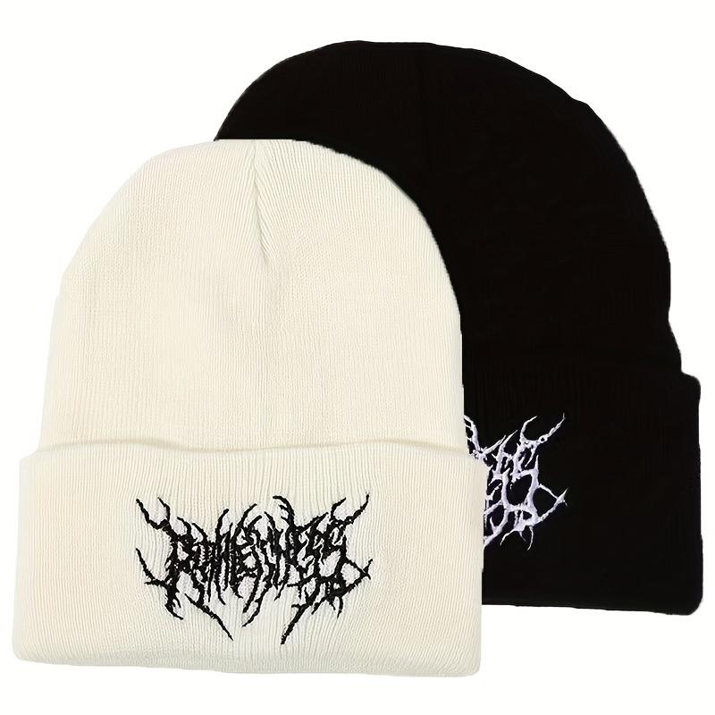 2PCs Men's Casual Gothic Scar Embroidery Knitted Beanie, Women's Fashion Street Ski Cap Men's