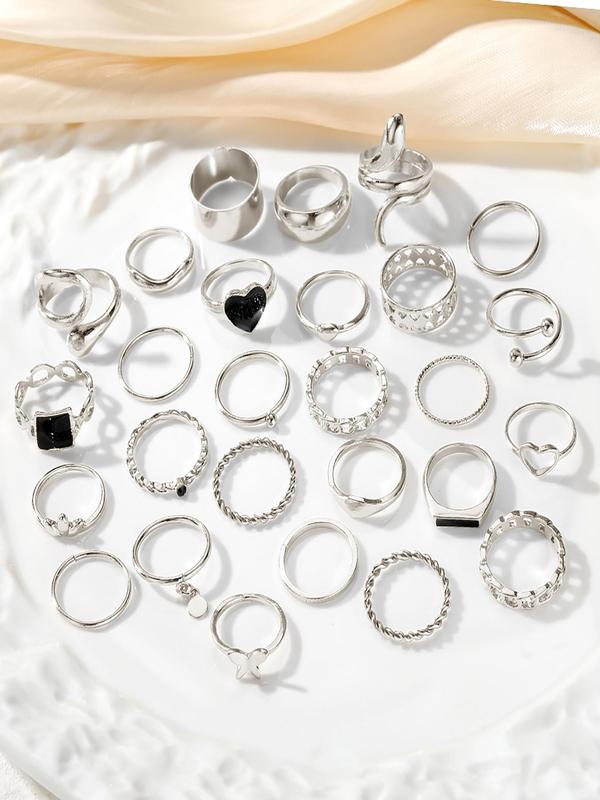 Simple Style Ring, 27pcs, Included Butterfly & Heart & Hollow Out & Chain & Braided Design, Casual Ring for Women & Girls, Perfect for Gift