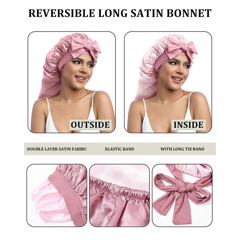 Long Double Layer Satin Bonnet Silk Like Texture for Sleeping Sleep Cap Adjustable Care Hair Bonnets with Elastic Tie Band for Women Braids Curly Hair Natural Hair Wrap Nightcap Gifts for Women