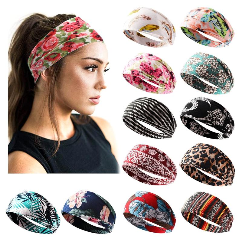 12 Pack Headbands for Women Boho Printed Non Slip Hair Band Sport Yoga Running Elastic Sweat Hair Wrap for Girls