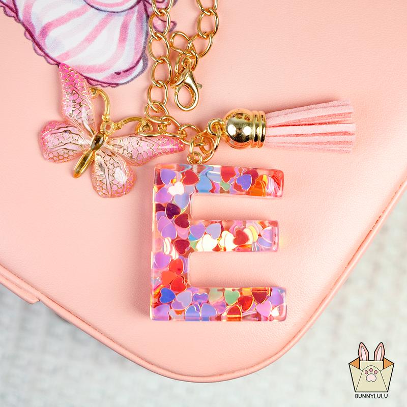 Personalized Initial Letter Resin Keychains with Tassles, Glittering Holiday Birthday Christmas Friendship Gift, Bags Fashion Accessories