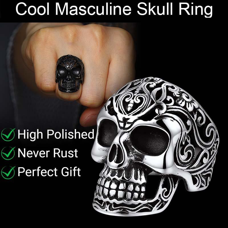 FaithHeart Masculine Skull Ring Stainless Steel Skull Skeleton Band Biker Ring for Men