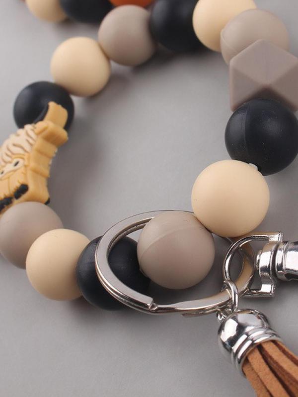 Unisex Cute Ox & Tassel Design Keychain,  Trendy Beaded Bracelet Design Keychain, Chic Vintage Fashion Accessories for Women & Men