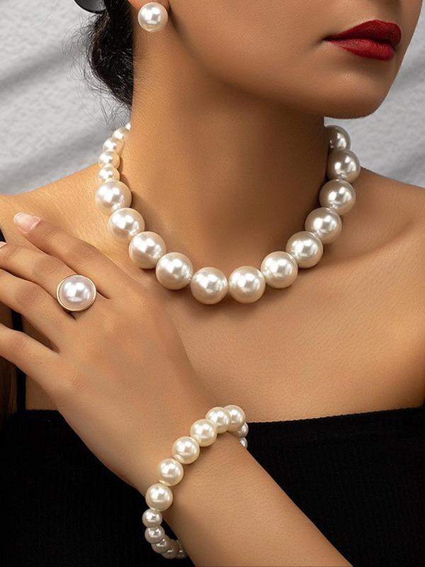 Elegant Faux Pearl Decorated Jewelry Set, Including Exquisite Bracelet & Necklace & Ring & Earrings, Women's French Style Jewelry Set, Fashionable Jewelry Set As Gift